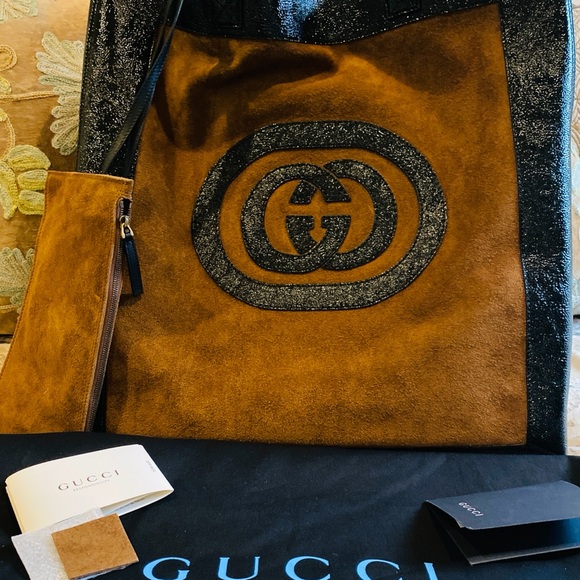Gucci Ophelia Black and Brown Logo Suede Tote Shoulder Bag NWT in Box - Picture 9 of 12